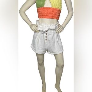 BNDI White Paperbag Belted High Rise Waist Button Down Linen Shorts, M